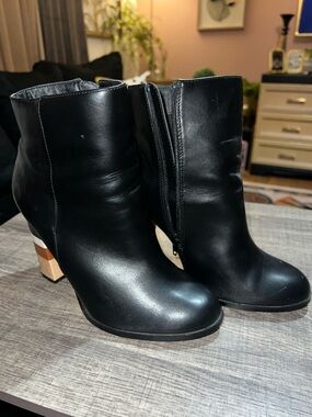Black Women's Leather Ankle Boots with Contrast Block Heel